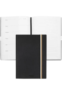 A5 black faux-leather notebook with signature-stripe strap