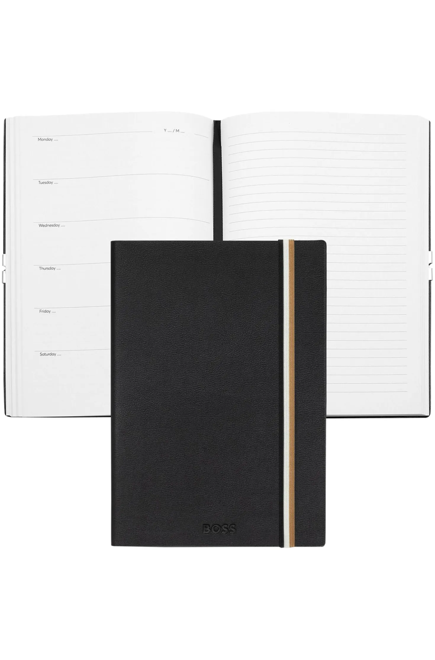 A5 black faux-leather notebook with signature-stripe strap