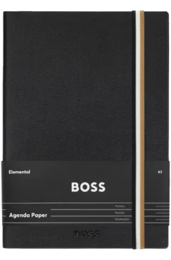 A5 black faux-leather notebook with signature-stripe strap