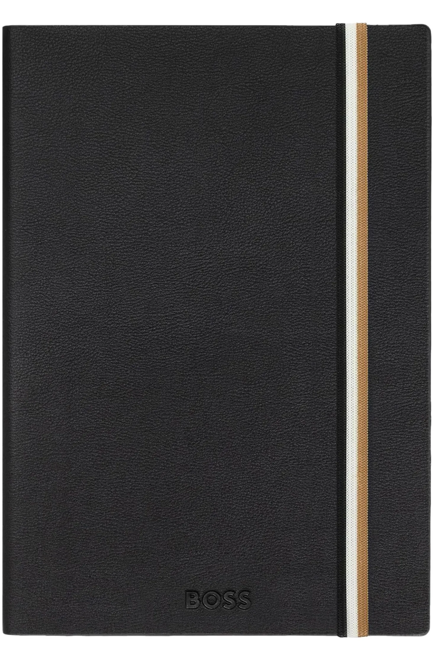 A5 black faux-leather notebook with signature-stripe strap