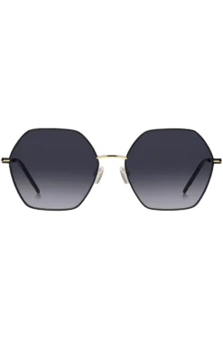 Angular sunglasses in black and gold-tone steel