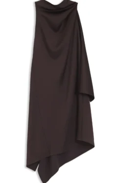 Asymmetric sleeveless dress in draped sable satin