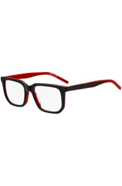 Black-acetate optical frames with red accents