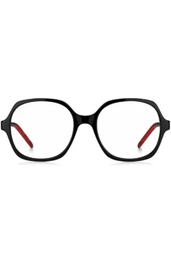 Black-acetate optical frames with signature-red layered temples