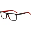 Black-acetate optical frames with red accents