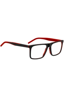 Black-acetate optical frames with red accents