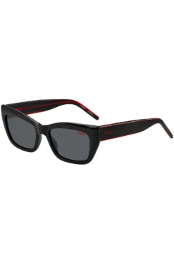 Black-acetate sunglasses with signature-red layered temples