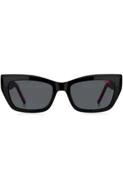 Black-acetate sunglasses with signature-red layered temples
