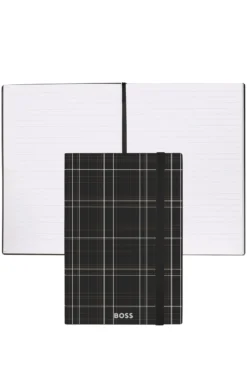 Black check-print A5 notebook with silver-foil logo
