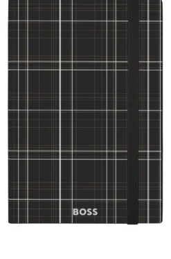 Black check-print A5 notebook with silver-foil logo
