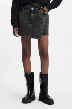 Black-denim skirt with asymmetric waistband