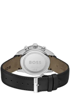 Black-dial chronograph watch with leather strap