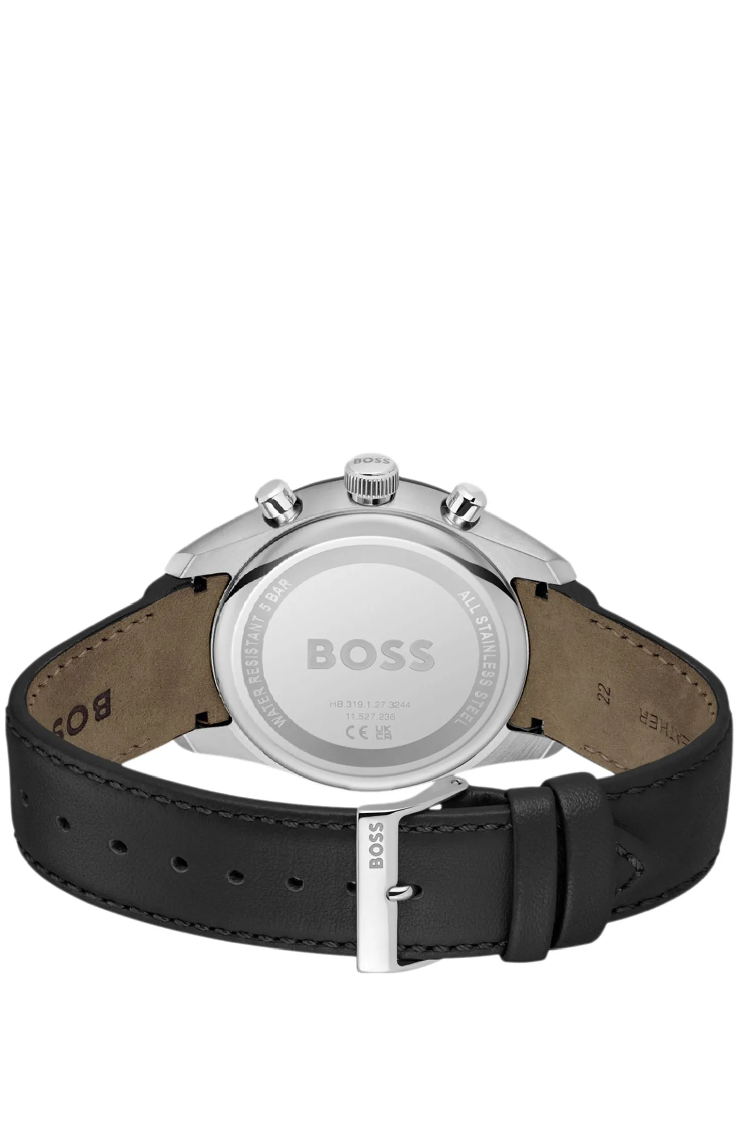 Black-dial chronograph watch with leather strap