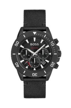Black-dial chronograph watch with fabric strap