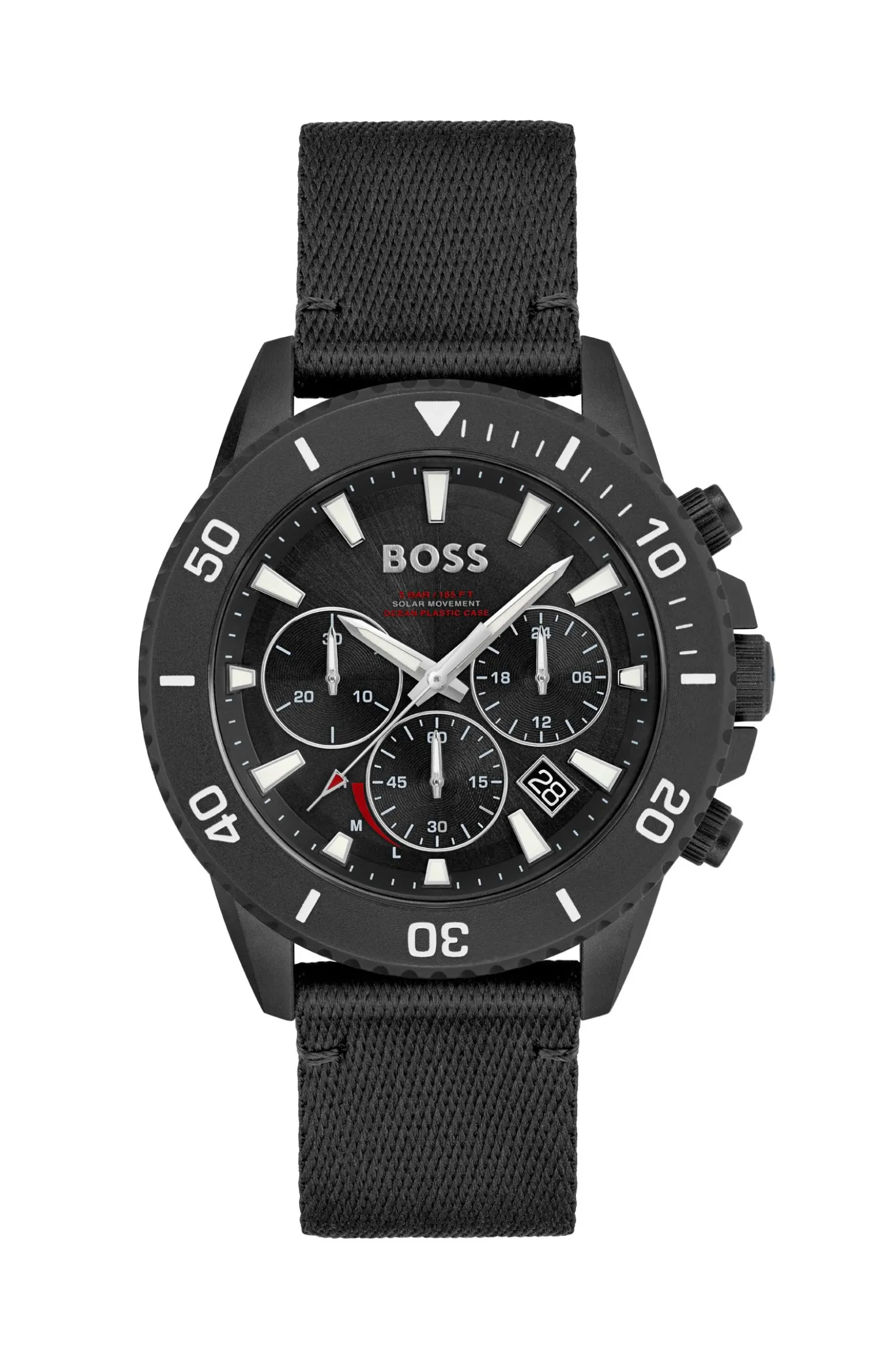 Black-dial chronograph watch with fabric strap