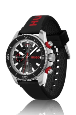 Black-dial watch with branded silicone strap