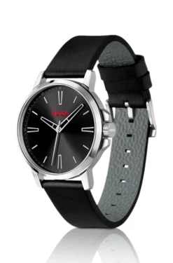 Black-dial watch with leather strap