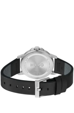 Black-dial watch with leather strap