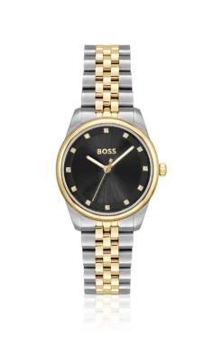 Black-dial watch with two-tone bracelet