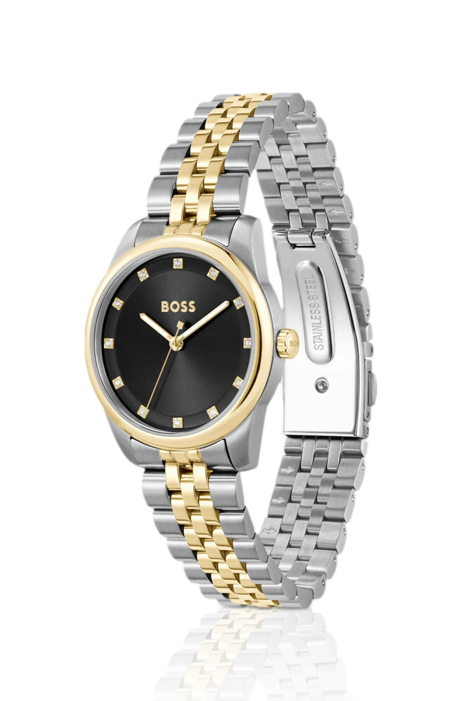 Black-dial watch with two-tone bracelet