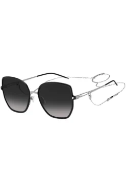 Black-frame sunglasses with forked temples and branded chain