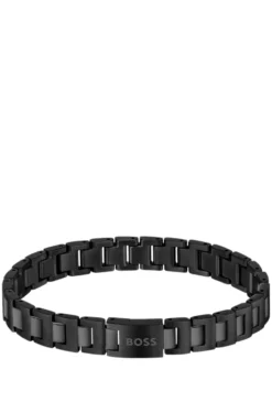 Black-plated link cuff with logo closure