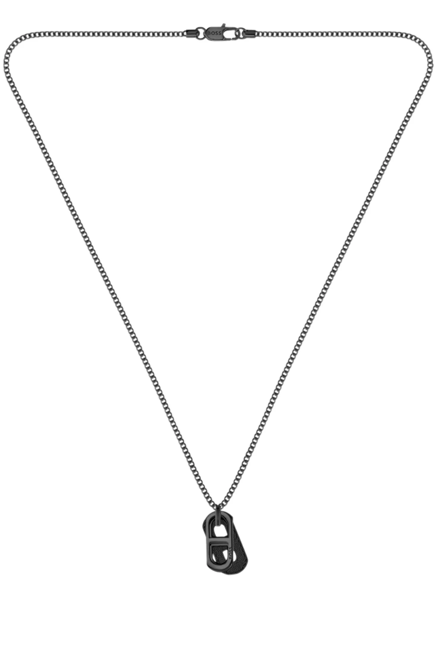 Black-plated necklace with metal link and leather tag