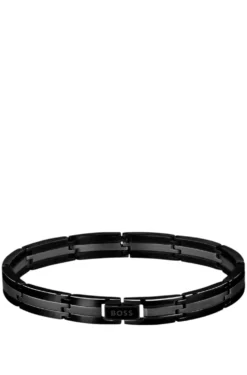 Black stainless-steel striped cuff with logo clasp
