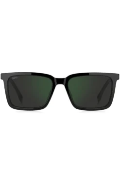 Black sunglasses with engraved logo plaque