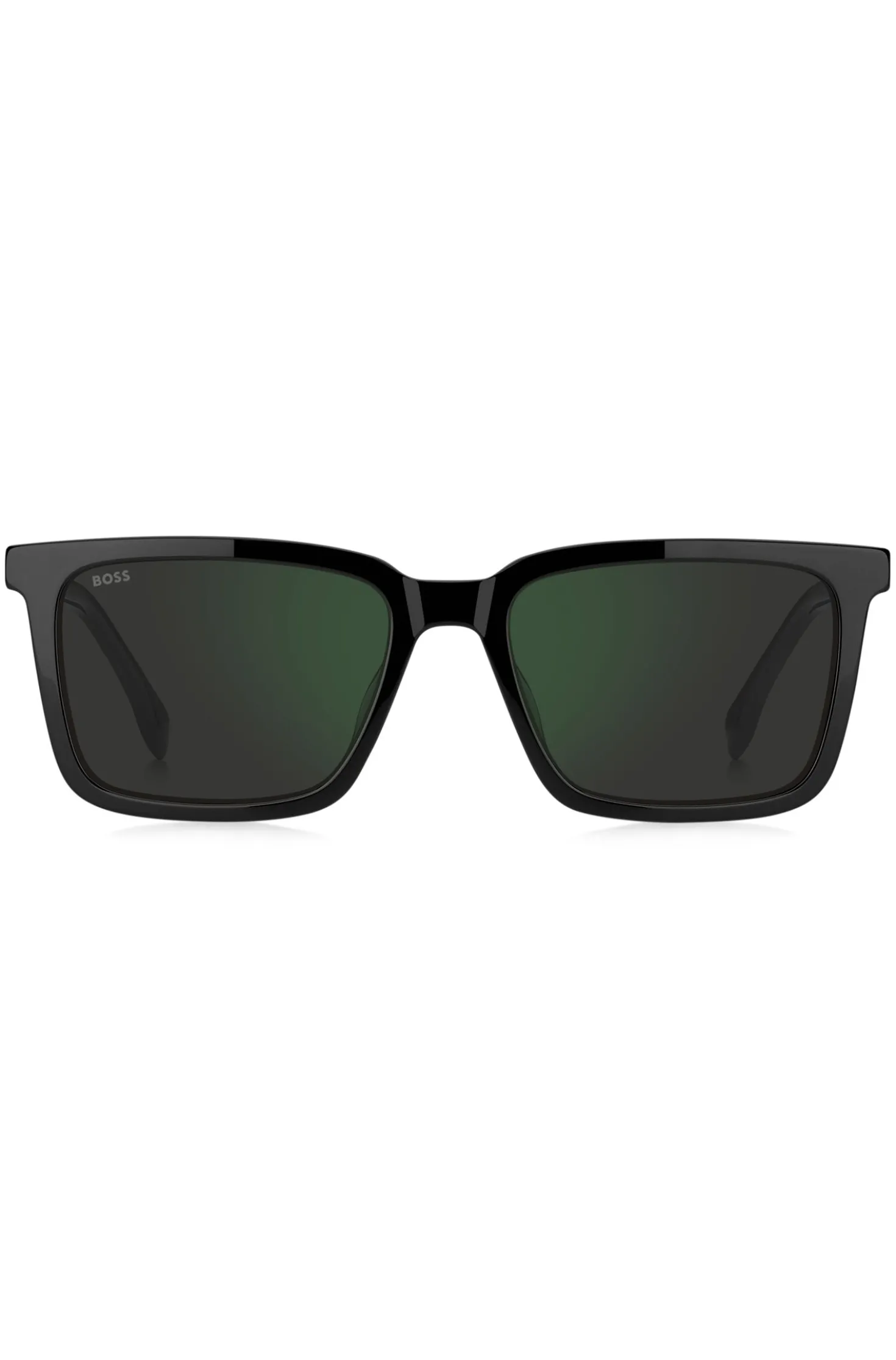 Black sunglasses with engraved logo plaque