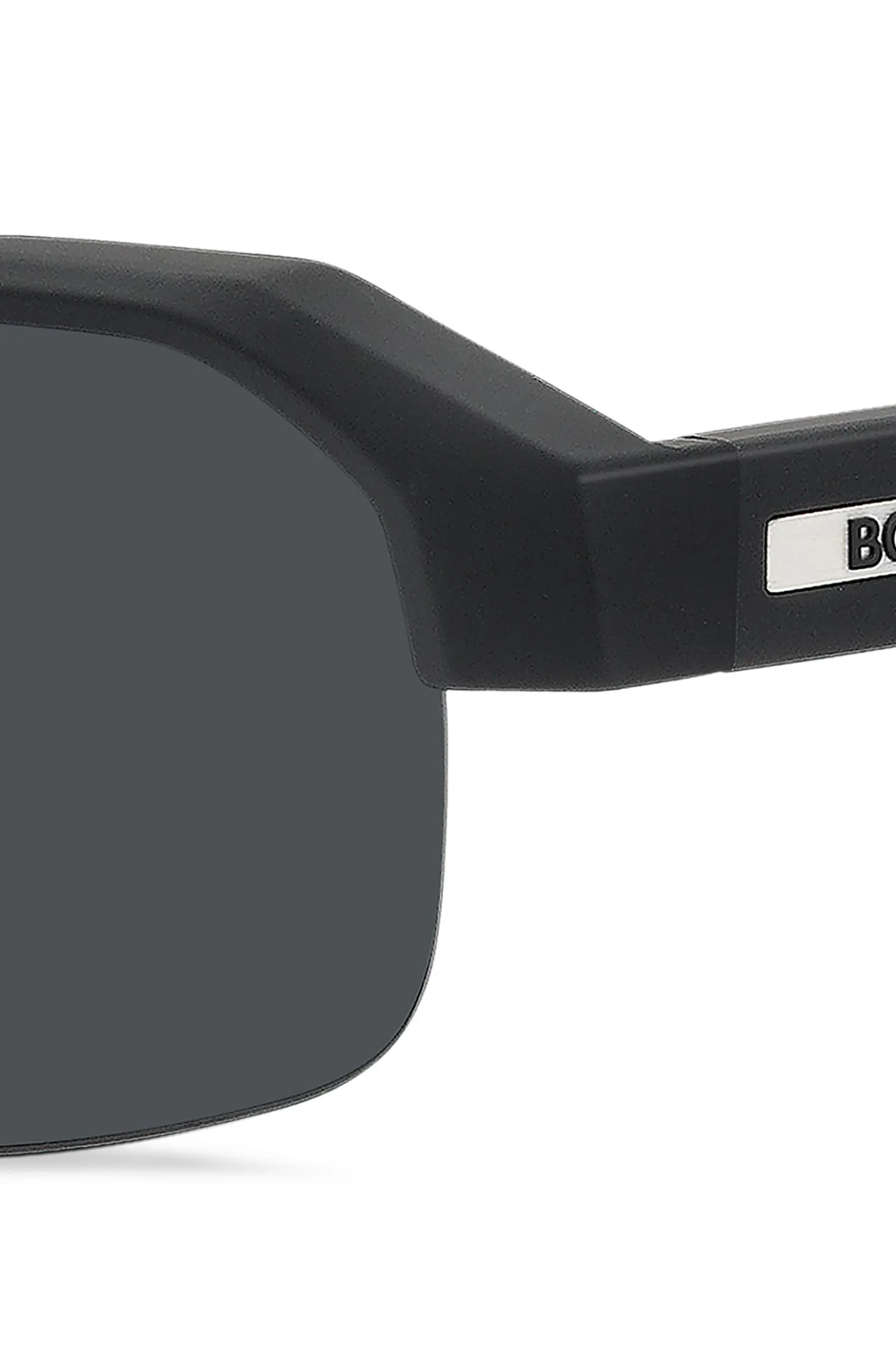 Black sunglasses with temple insert and logo