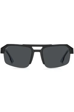 Black sunglasses with temple insert and logo
