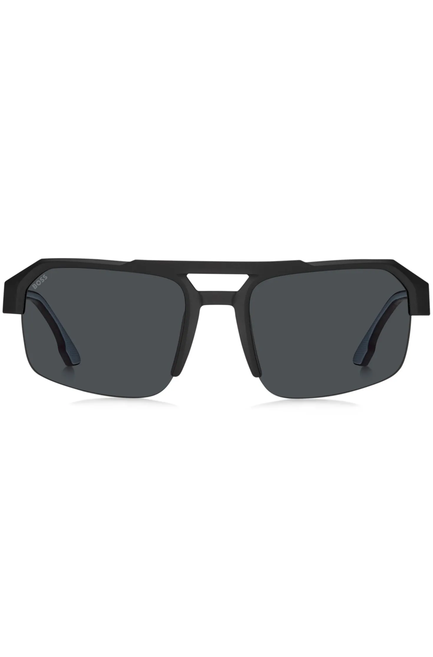 Black sunglasses with temple insert and logo