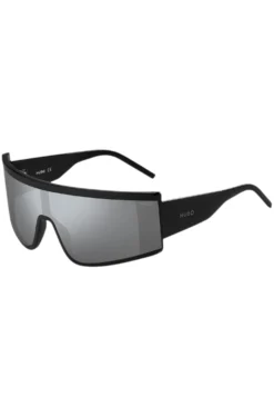 Black unisex shield sunglasses with logo