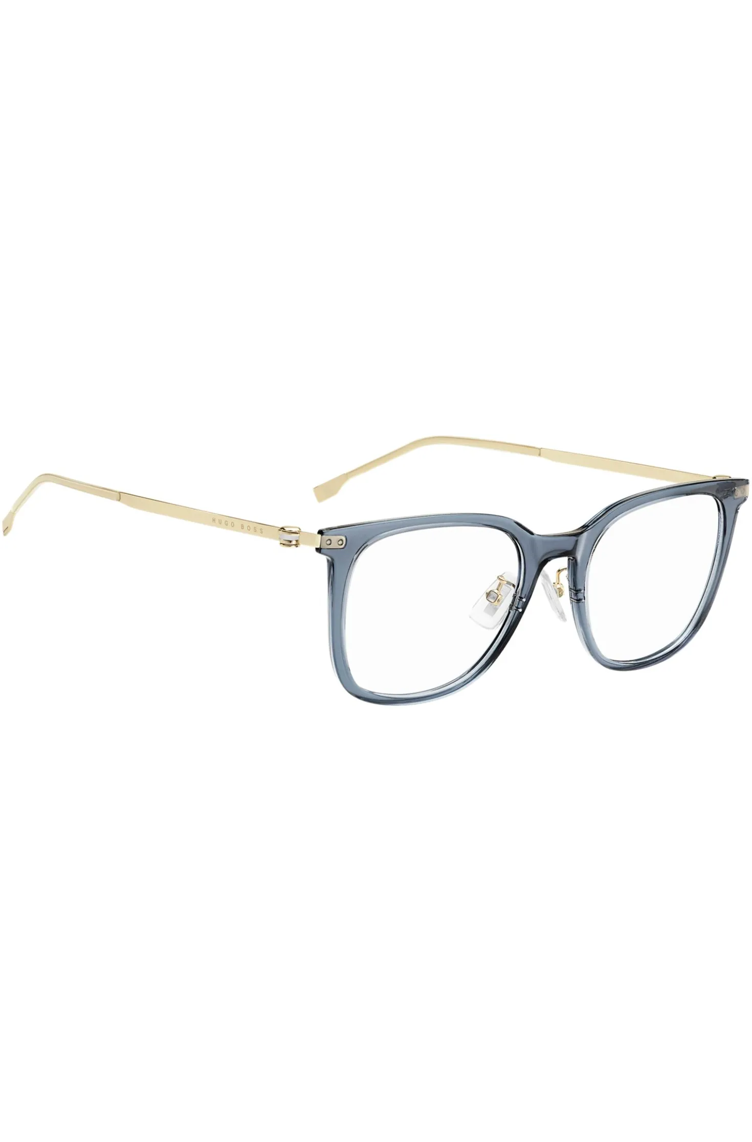 Blue-acetate optical frames with gold-tone temples