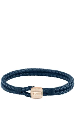 Blue braided-leather cuff with gold-tone closure