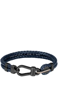 Blue braided-leather cuff with black carabiner closure
