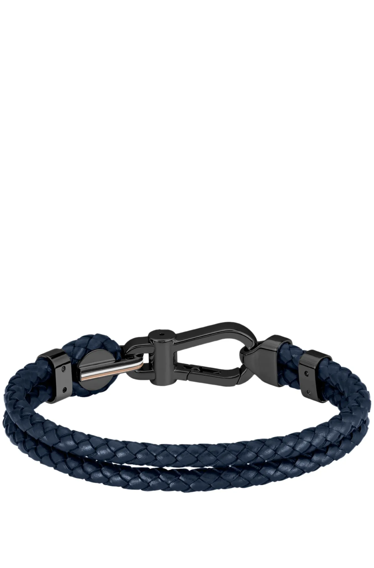 Blue braided-leather cuff with black carabiner closure