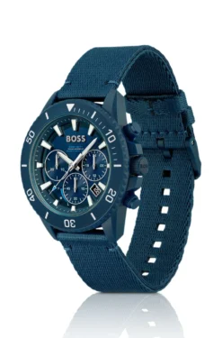 Blue-dial chronograph watch with fabric strap