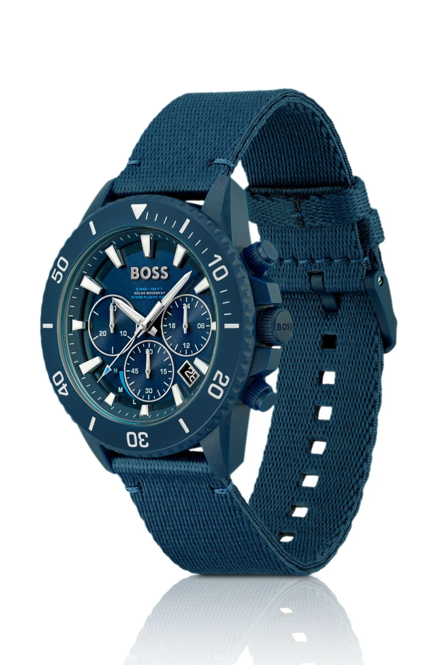 Blue-dial chronograph watch with fabric strap
