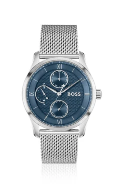Blue-dial watch with mesh bracelet