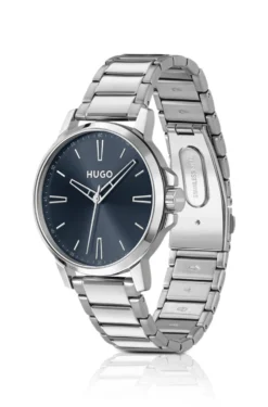 Blue-dial watch with steel bracelet