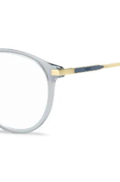 Blue-grey optical frames with gold-tone trims
