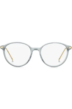 Blue-grey optical frames with gold-tone trims