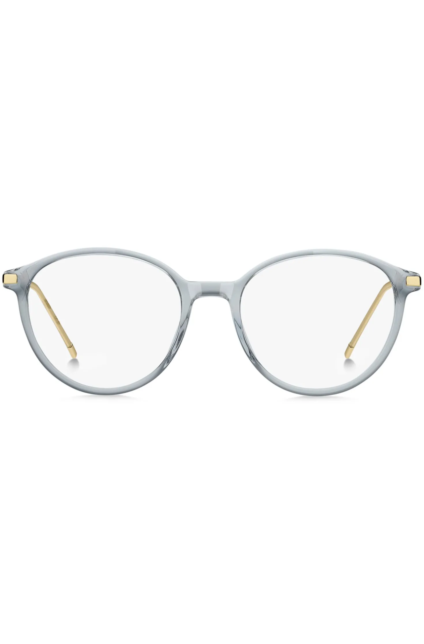 Blue-grey optical frames with gold-tone trims