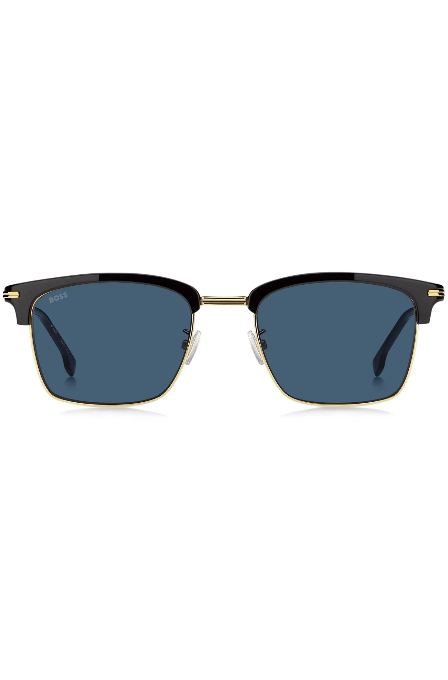 Blue-lens sunglasses with black and gold-tone frames
