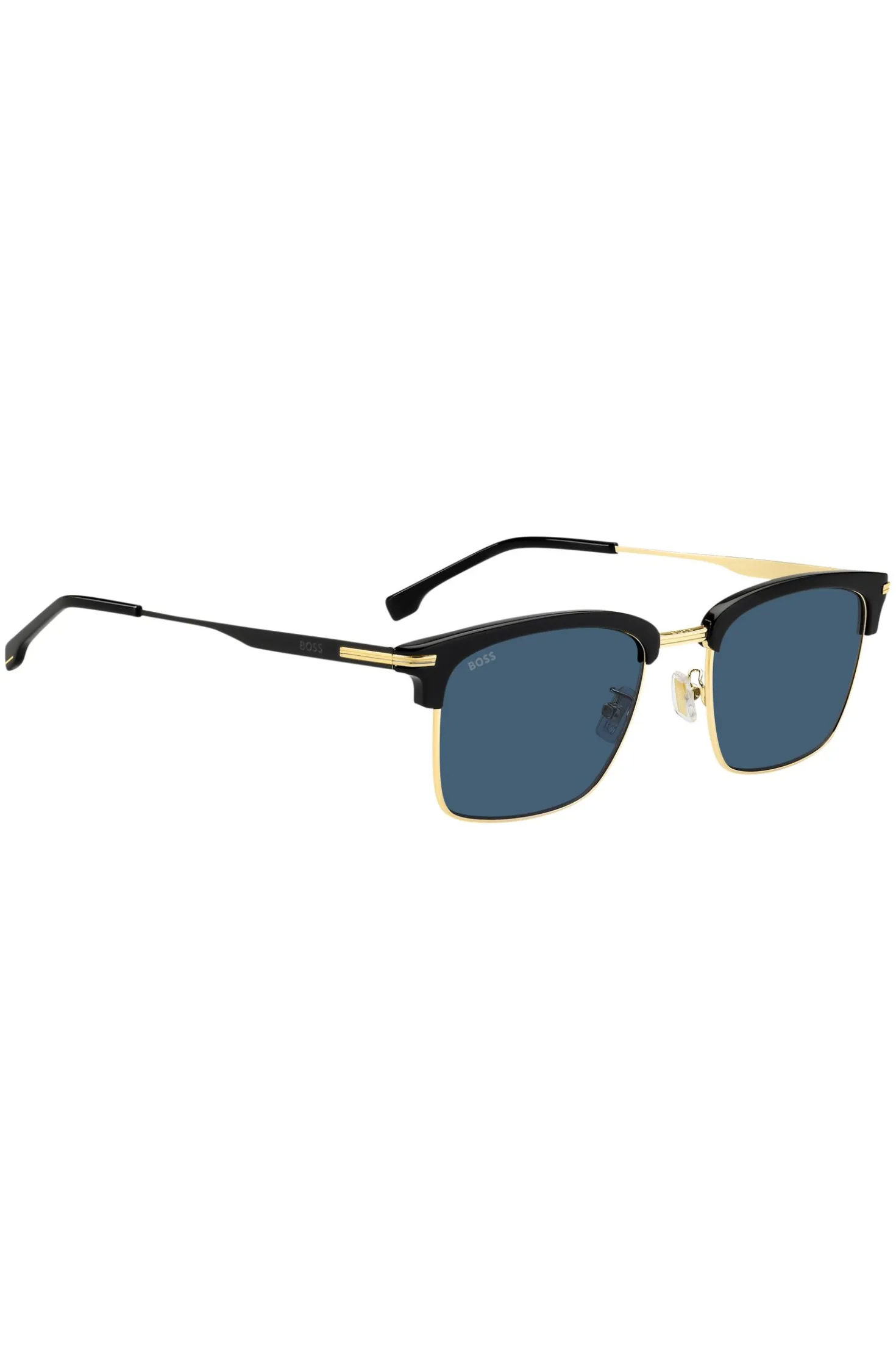 Blue-lens sunglasses with black and gold-tone frames