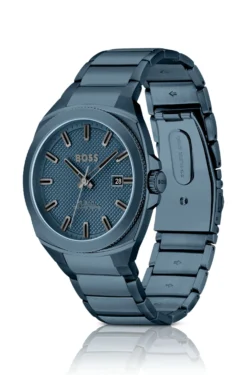 Blue link-bracelet watch with tonal guilloché dial