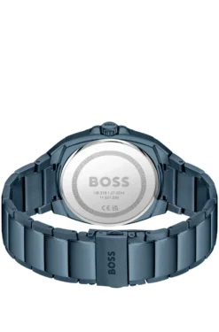 Blue link-bracelet watch with tonal guilloché dial