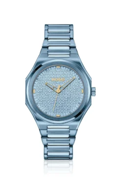 Blue-steel watch with logo-textured dial
